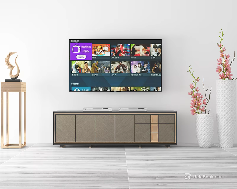 Modern TV Stand with Wall Mounted TV White Vases and Decorative Ornament 3d model 