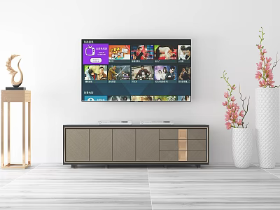 Modern TV Stand with Wall Mounted TV White Vases and Decorative Ornament 3d model