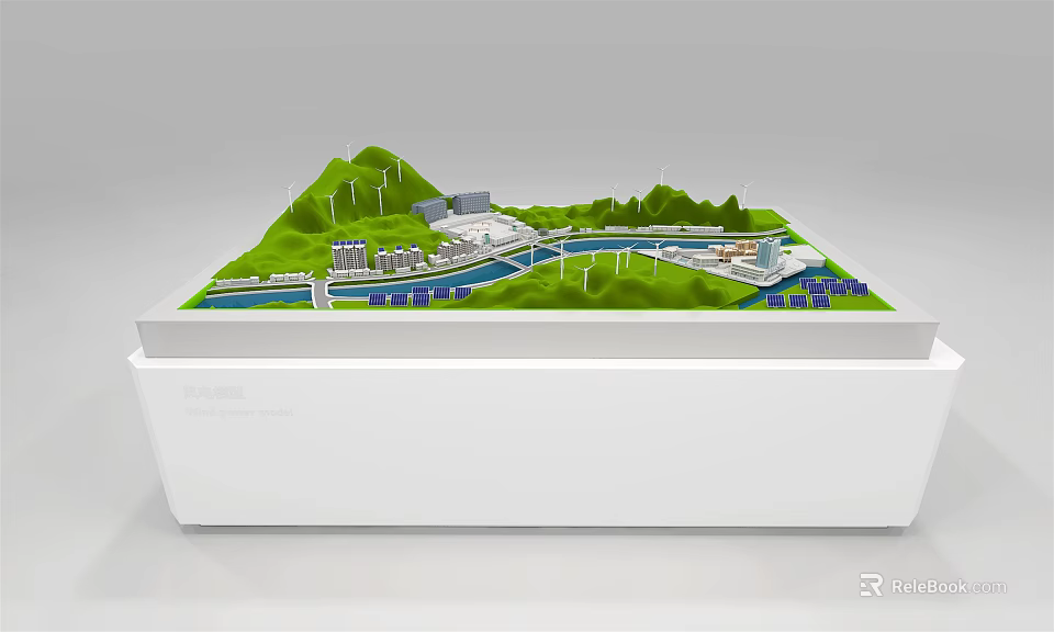 Commercial Equipment Model Display With Green Hills Windmills Buildings River And White Base 3d model 