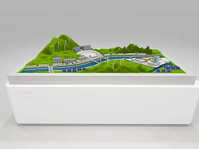 Commercial Equipment Model Display With Green Hills Windmills Buildings River And White Base 3d model