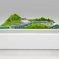 Commercial Equipment Model Display With Green Hills Windmills Buildings River And White Base