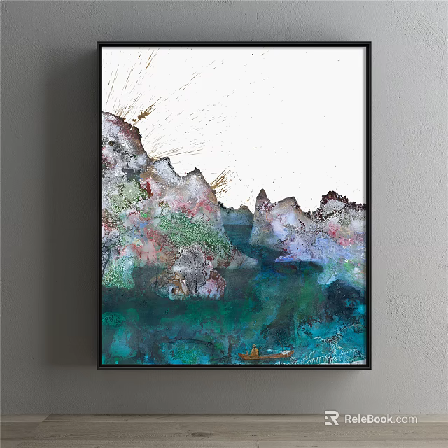 Abstract Landscape Painting with Green Blue Purple Hues Mountain Forms Blue Water and Small Boat 3d model 