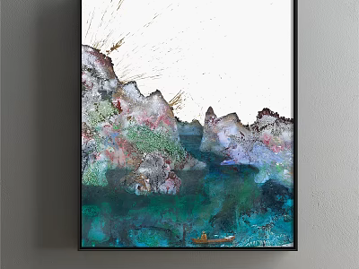 Abstract Landscape Painting with Green Blue Purple Hues Mountain Forms Blue Water and Small Boat 3d model