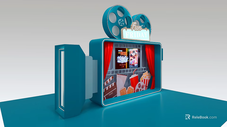 Movie Themed Photo Check-in Spot With Projector Red Curtains Popcorn And Film Reels 3d model 