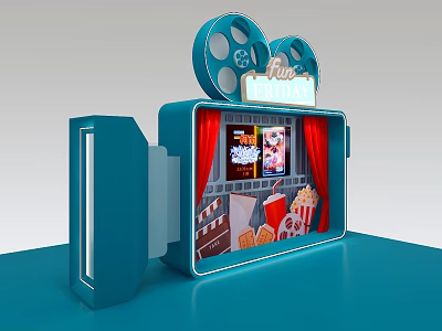 Movie Themed Photo Check-in Spot With Projector Red Curtains Popcorn And Film Reels 3d model