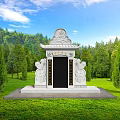 White Stone Garden Ornament With Traditional Roof And Dragon Carvings In Green Trees Background