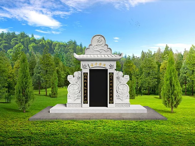White Stone Garden Ornament With Traditional Roof And Dragon Carvings In Green Trees Background 3d model