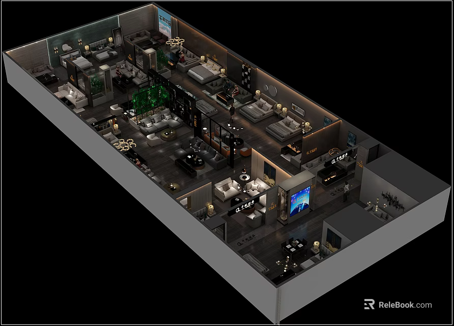 Aerial View of Modern Interior Space with Display Areas Greenery Digital Screens and Seating Sections 3d model 