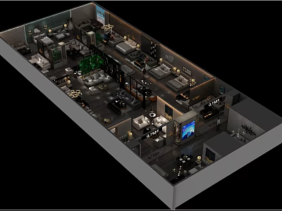 Aerial View of Modern Interior Space with Display Areas Greenery Digital Screens and Seating Sections 3d model