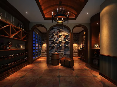 Traditional Wine Cellar Interior Design With Wooden Wine Racks Oak Barrels And Stone Wall 3d model