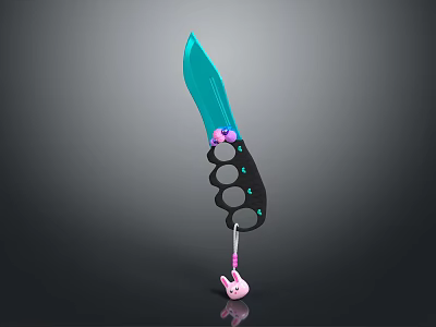 Knife With Teal Blade Black Handle Circular Holes And Pink Decorative Pendant 3d model