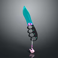 Knife With Teal Blade Black Handle Circular Holes And Pink Decorative Pendant