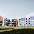 Modern School Buildings With Colorful Exteriors Glass Curtain Walls And Green Lawn