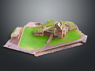 Detailed Castle Model Display With Stone Brick Structure Green Grass And Encircling Walls 3d model