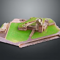 Detailed Castle Model Display With Stone Brick Structure Green Grass And Encircling Walls