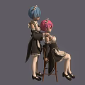 Anime Style Female Characters With Blue And Pink Hair In Maid Outfits Standing And Sitting