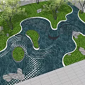 Garden Ornament Design With Winding Water Feature Green Lawn Trees And Stones