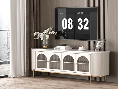 White TV Stand with Gold Legs Glass Cabinet Doors and White Flower Vase Books TV 3d model