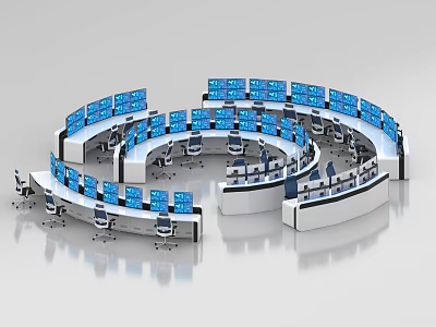 Modern Control Room Interior with Curved Consoles Multiple Screens and Office Chairs 3d model