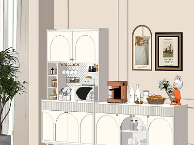 Modern White Sideboard with Open Shelves Coffee Machine Bottles and Framed Artworks 3d model