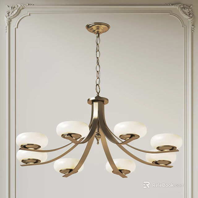 Brass Metal Chandelier With Multiple White Shades And Branched Design On Ceiling 3d model 