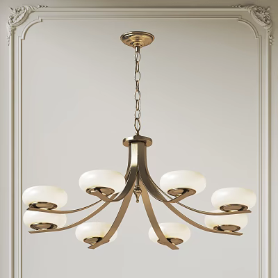 Brass Metal Chandelier With Multiple White Shades And Branched Design On Ceiling 3d model