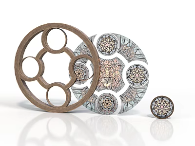 Ornate Circular Household Items With Wooden Frame And Intricate Patterned Designs 3d model