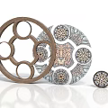 Ornate Circular Household Items With Wooden Frame And Intricate Patterned Designs