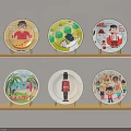 Colorful Cartoon Decorative Plates With Various Fun Designs On Wooden Shelves