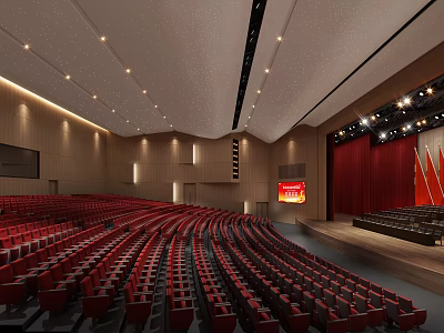 Spacious Conference Hall With Red Seats Stage Red Curtains And Modern Lighting 3d model