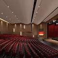 Spacious Conference Hall With Red Seats Stage Red Curtains And Modern Lighting