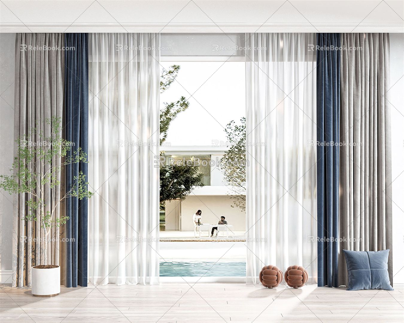 Modern Curtain Curtain Combination Shade Curtain Gauze Curtain Window Scene Curtain 3d model