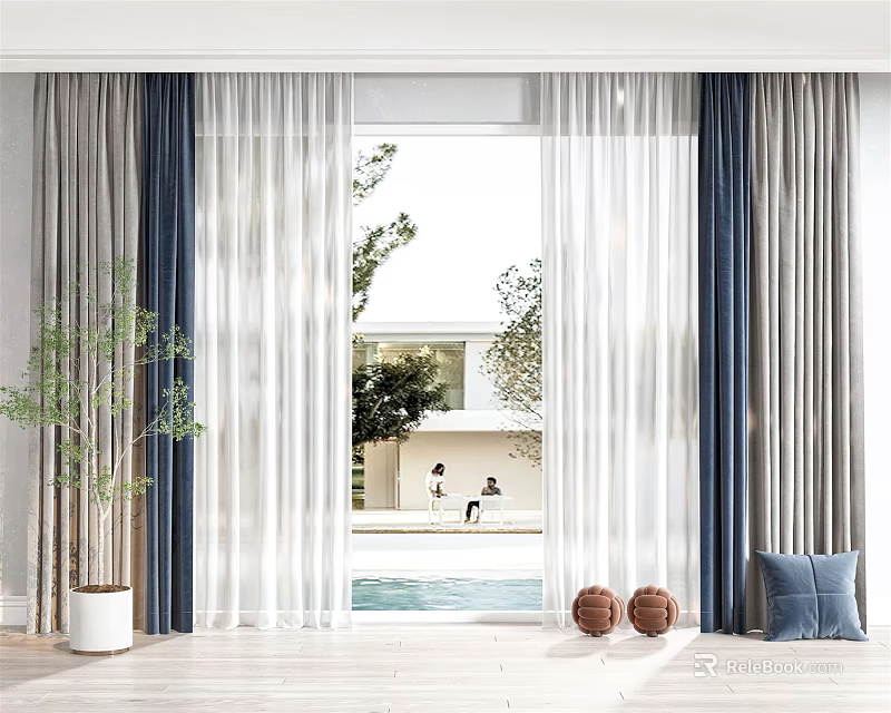 Blue Gray And White Curtains Living Room Window With Sheer Fabric Pool View And Greenery 3d model 