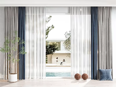 Blue Gray And White Curtains Living Room Window With Sheer Fabric Pool View And Greenery 3d model