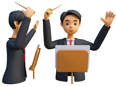Two Men Conducting Music With Batons And Music Stands In Professional Suits And Red Ties 3d model