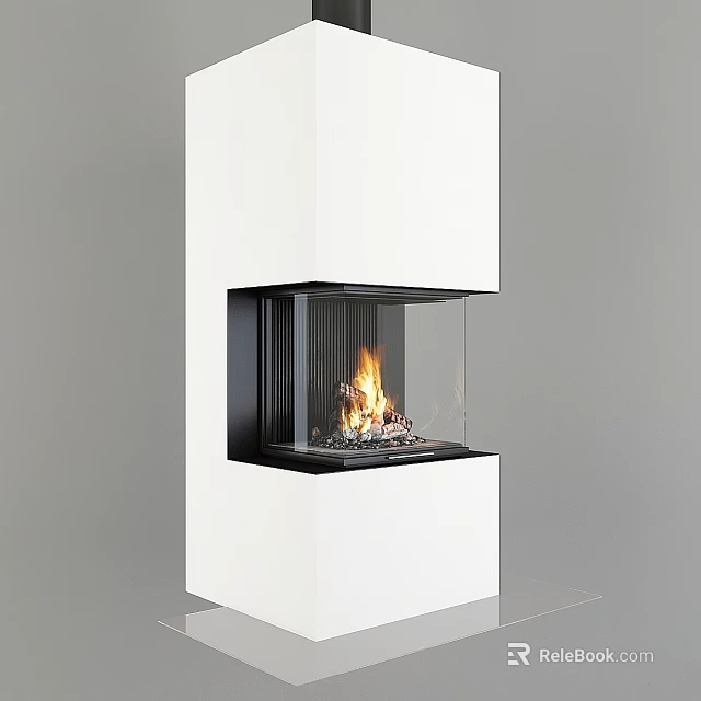 Modern Fireplace Design With White Frame Glass Front And Burning Flames 3d model 