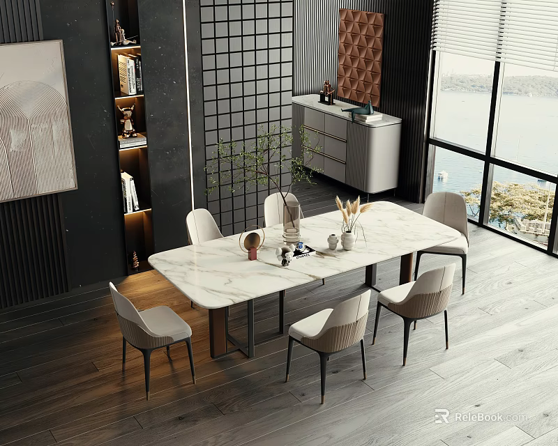 Modern Dining Table Set With Marble Top Light Grey Chairs And Black Wall By Window 3d model 