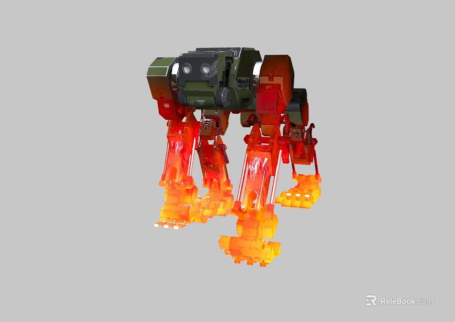 Game Movie Robot Character Mechanical Design with Green Body and Red Flaming Legs 3d model 