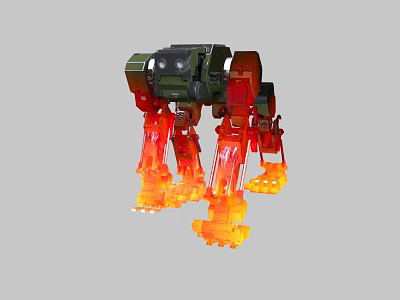 Game Movie Robot Character Mechanical Design with Green Body and Red Flaming Legs 3d model
