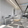 Modern Office Corridor With White Vertical Partitions Gray Sofa Green Plants And Large Windows