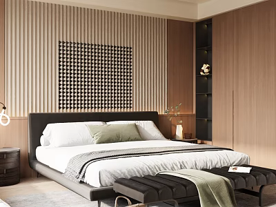 Modern Elegant Bedroom Interior With Wooden Walls Black White Checkered Art And Large Bed 3d model