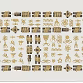 Golden And Black Decorative Ornaments In Various Shapes Arranged On White Background