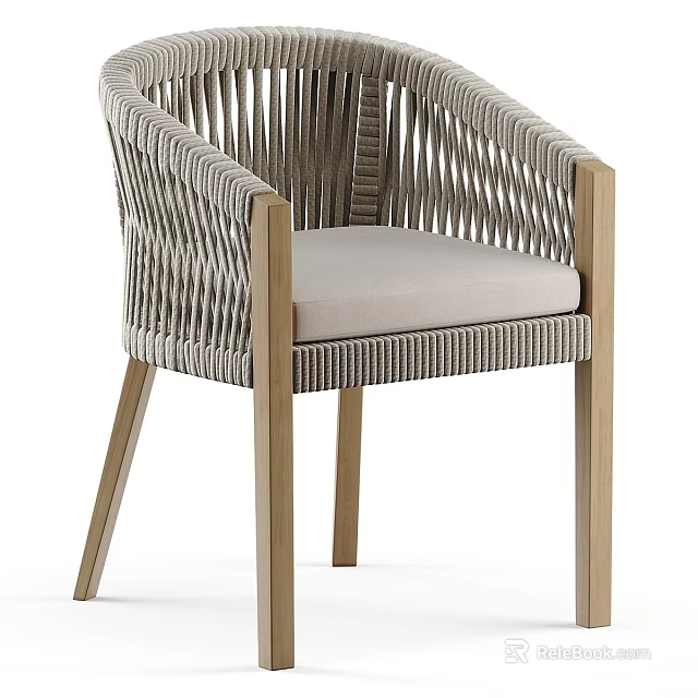 Stylish Outdoor Chair With Rattan Design Wooden Frame And Light Cushion 3d model 