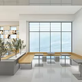 Modern Bright Public Space With Bookshelves Long Table Wooden Stools Windows And Plant