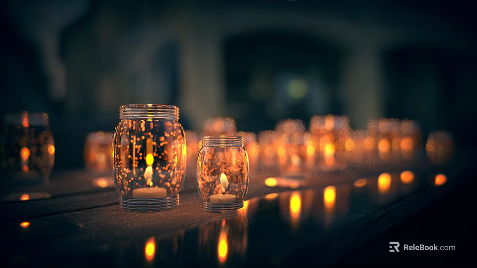 Glass Jar Candle Lamps Lighting Combination With Warm Ambient Light Arranged On Tabletop 3d model 