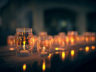 Glass Jar Candle Lamps Lighting Combination With Warm Ambient Light Arranged On Tabletop 3d model