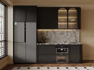 Modern Open Kitchen Wine Cabinet Design With Glass Doors And Lighting 3d model