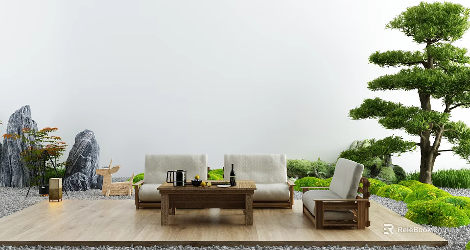 Outdoor Sofa With Wooden Coffee Table Green Plants Rockery On Wooden Floor And Gravel Ground 3d model 