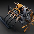 Detailed Mechanical Engine 3D Model With Yellow Fan Blades Pipes And Gears