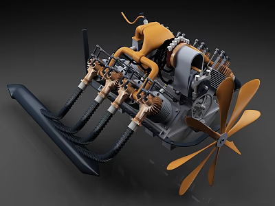 Detailed Mechanical Engine 3D Model With Yellow Fan Blades Pipes And Gears 3d model
